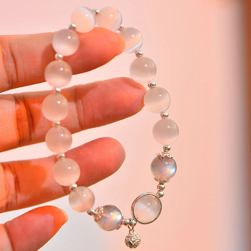 925 Sterling Silver Cat Eye Moonstone Love Support Bracelet
