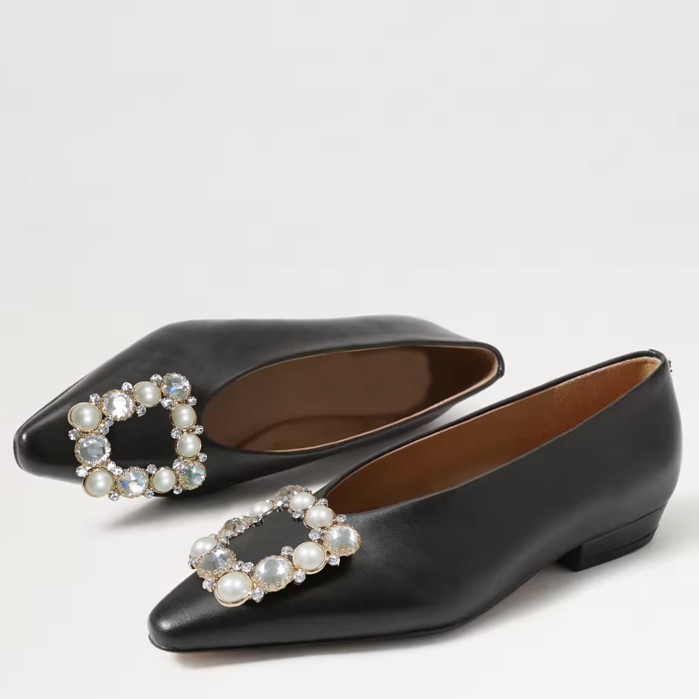 Black Pointed Toe  Flats With Square Pearl Decor Low Heel Flats Nicepairs