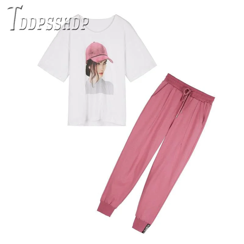 2019 Casual Lady Print T Shirt And Solid Color Pants Women Sets Korean Female Sets