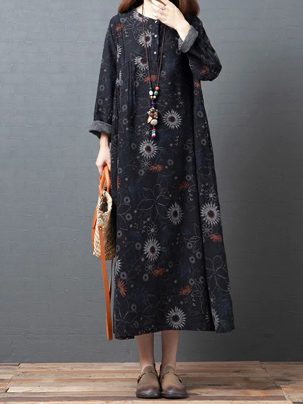 Floral Stamped 2 Colors Roomy Round-Neck Midi Dress