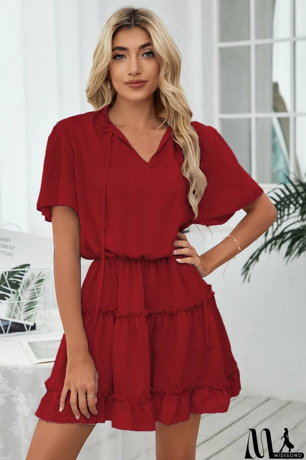 MidiSono - Tie Neck Frill Trim Short Sleeve Mini Dress