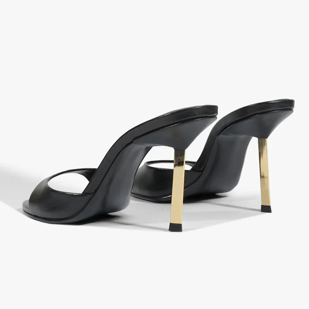 Chic Black Open Round Toe Stiletto Heel Slip On Mules for Women