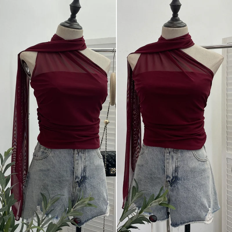 Nigikala Nigikala Shooting 2025 Spring New Mesh Hanging Neck Top Women With Asymmetric Sleeveless Vest Short Top 1125