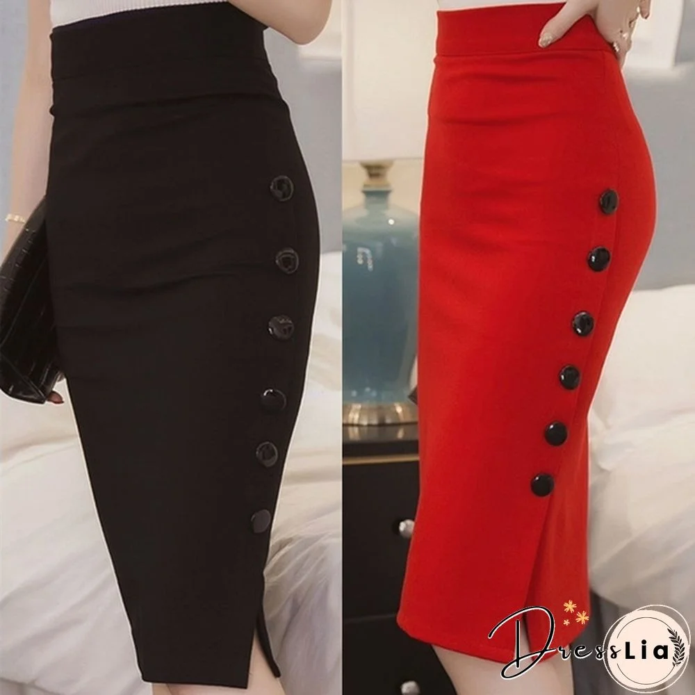 New Sexy Women Casual Party High Waist Slit Knit Button Slim Pencil Midi Skirt Dress