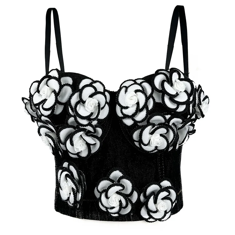 Party Denim Stereo Floral Sweetheart Neck Fishbone Corset Top