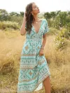 Ethnic Printed Short Sleeve Deep V-Neck Maxi Dress