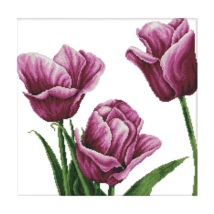 Joy Sunday - Purple Tulip - 14CT 2 Strands Threads Printed Cross Stitch Kit - 45x44cm(Canvas)