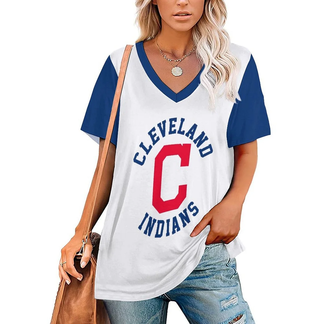 V-neck Short Sleeve Casual T-shirt for  Women Printed with Pattern,Navy,Red,White