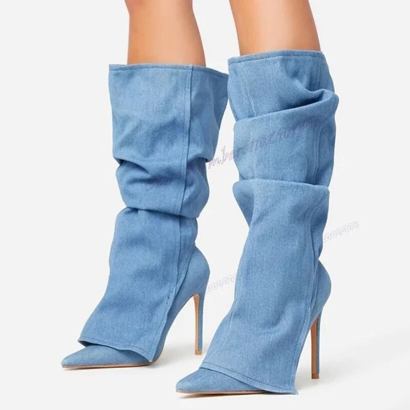 VCSHOES Blue Denim Pleated Knee High Boots Pointed Toe Shoes For Women Thin High Heels Lady Shoes Zapatos Para Mujere