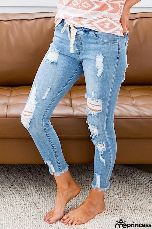 Ripped Drawstring Denim Jogger