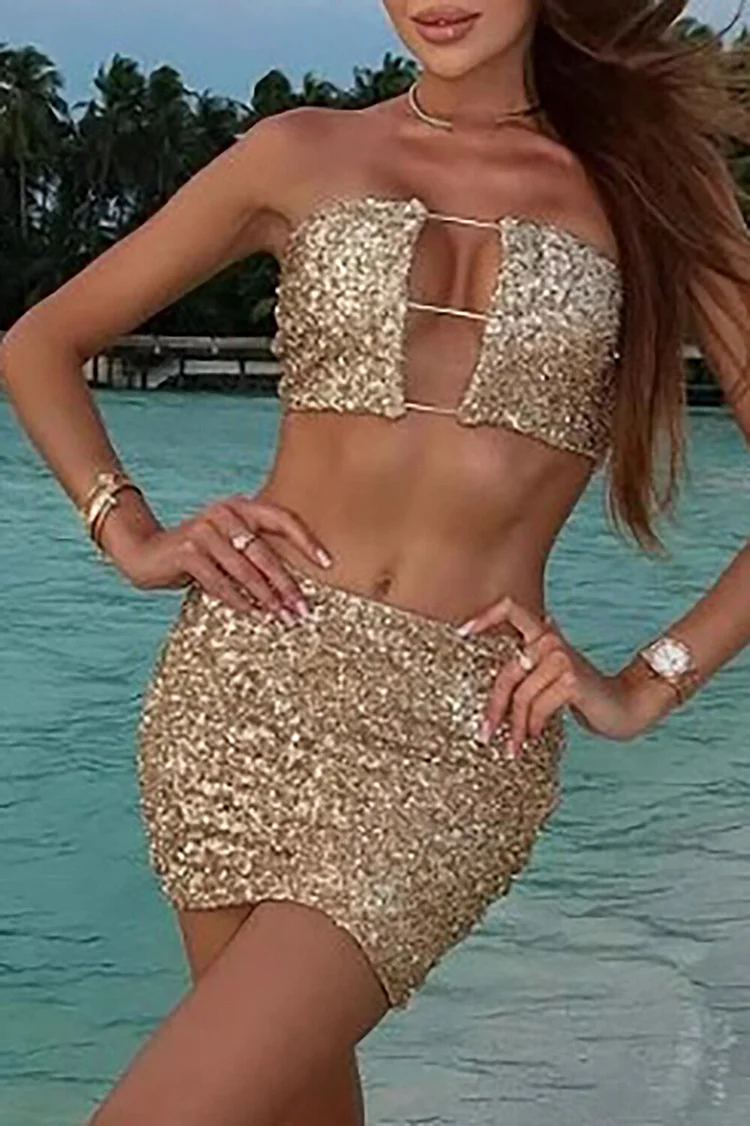 Sequin Cutout Crop Tube Top Bodycon Mini Skirt 2pcs Set-Beige