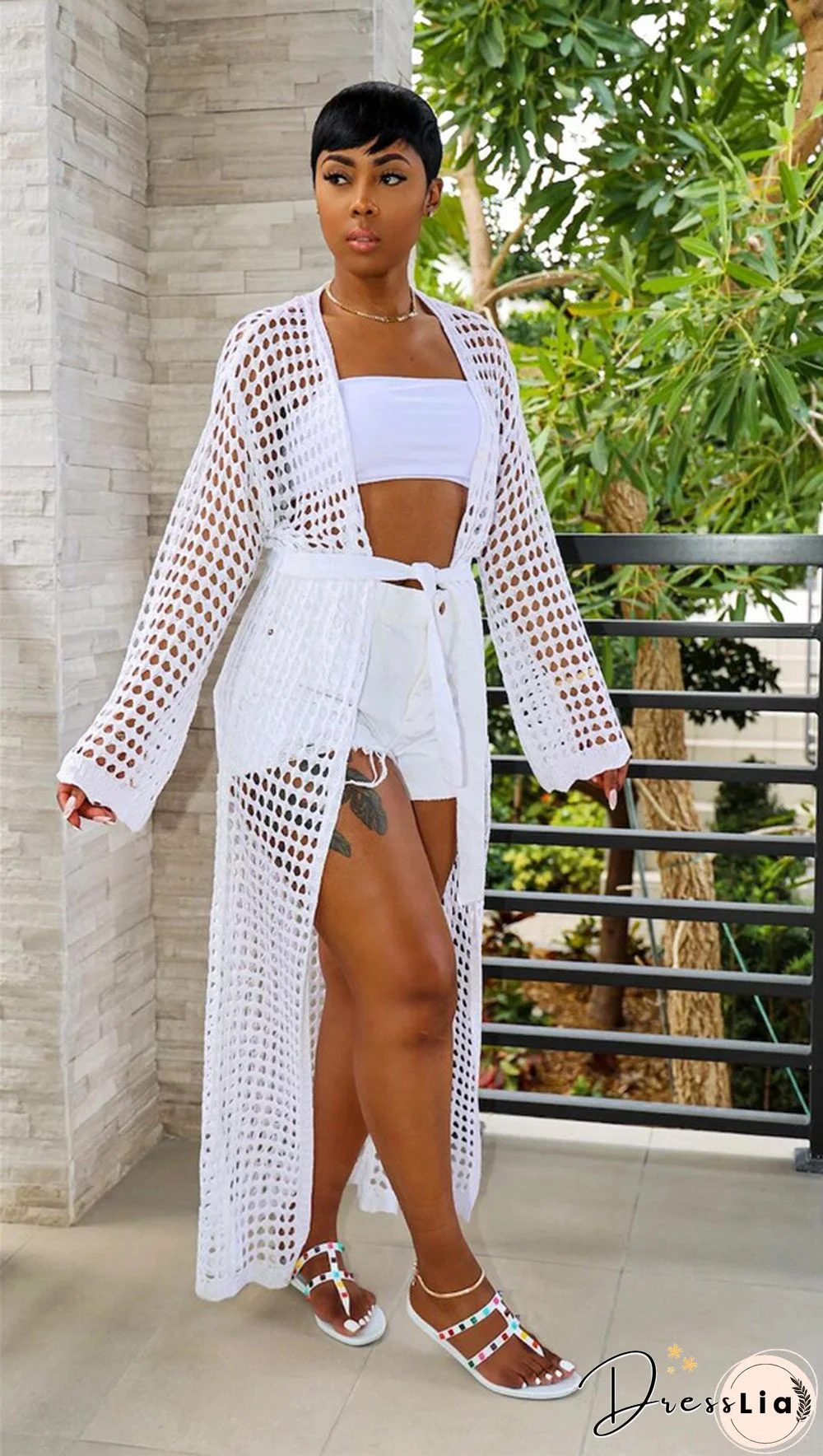 Beachwear Long Sleeve Mesh Grid Cardigan Cover-ups