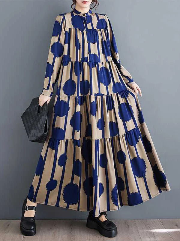Buttoned Pleated Polka-Dot Split-Joint A-Line Long Sleeves Stand Collar Shirt Dress Maxi Dresses