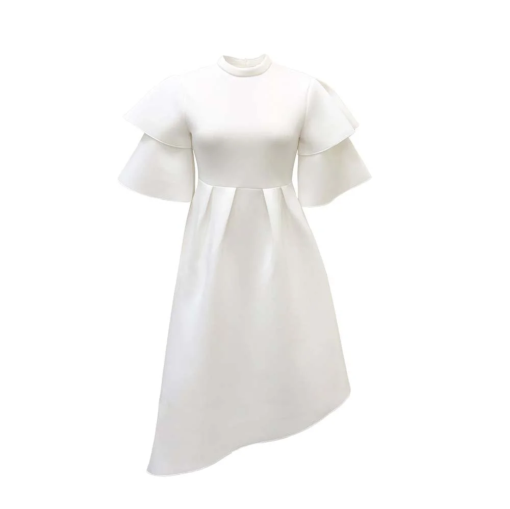 Brownm Summer Double-layer Ruffle Ruffled Sleeve Solid Color Wide Hem Dress Gown