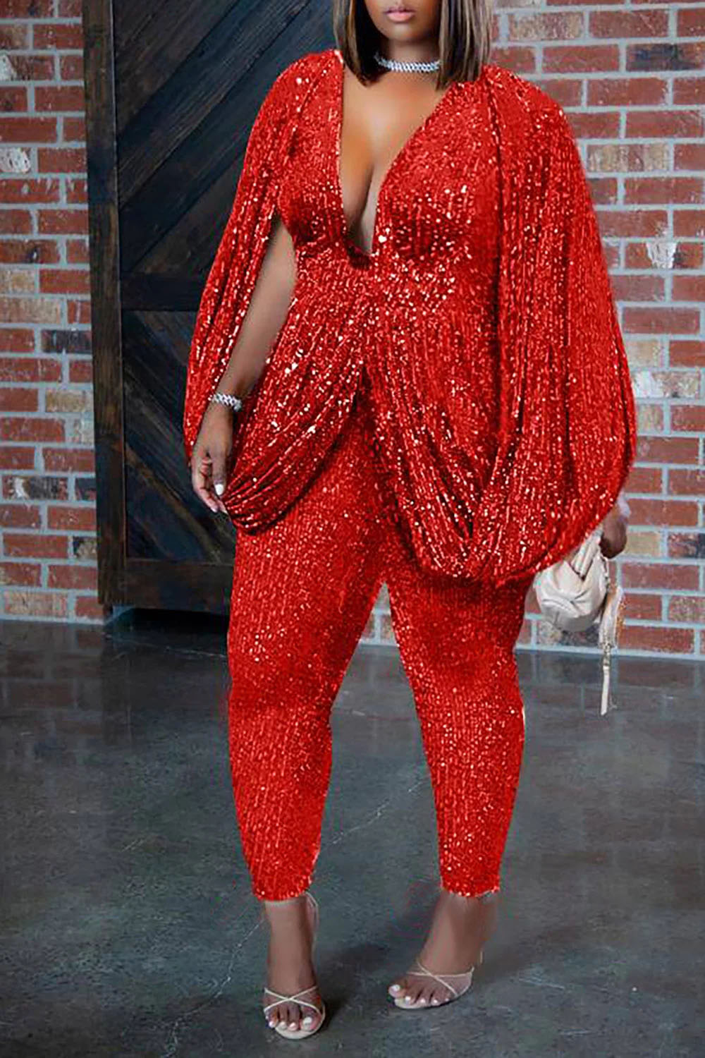 Plus Size Party Jumpsuit Black Sequin Legging V Neck Sequin Jumpsuit