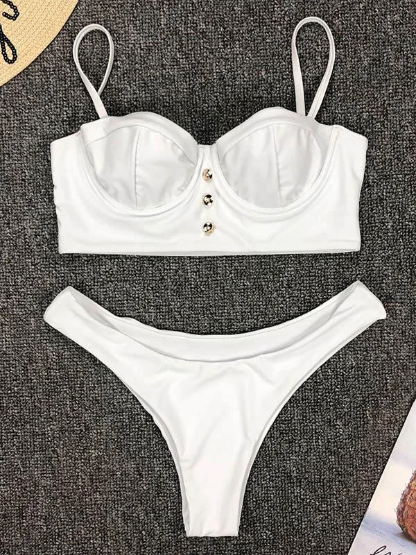 Solid Color Underwired Embellished Split Bikini Swimsuit