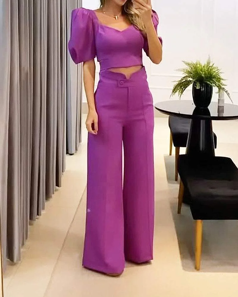 SOLID COLOR LACE UP SHORT SLEEVE TOP PANTS TWO PIECE SET