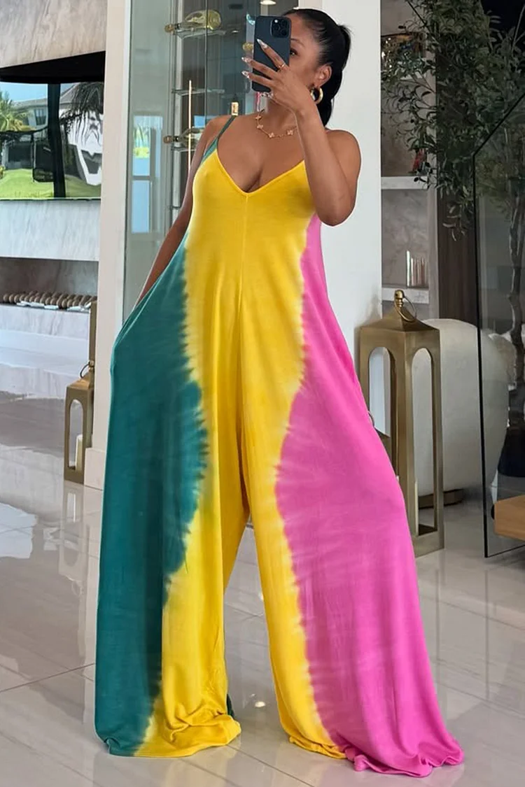 Colorblock Tie Dye Print Oversize Cami Wide Leg Jumpsuit-Yellow [Pre Order]
