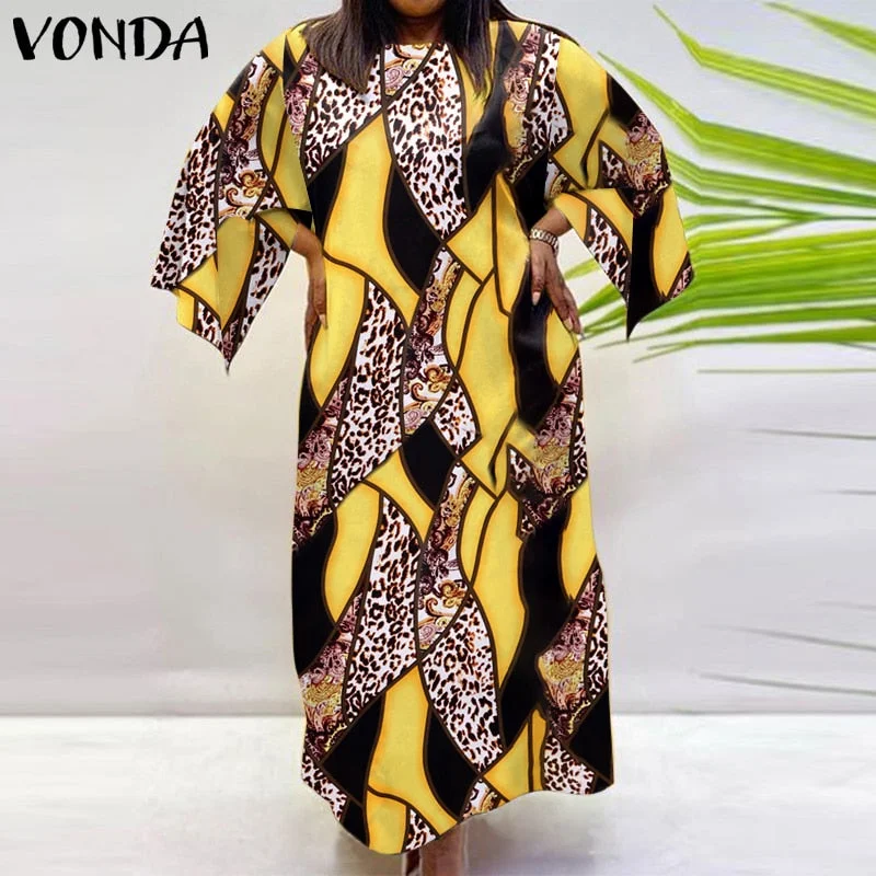 VONDA Women Bohemian Dress 2022 Casual Loose 3/4 Sleeve Holiday Dress Female Vintage Printed Party Vestidos Oversized Robe Femme