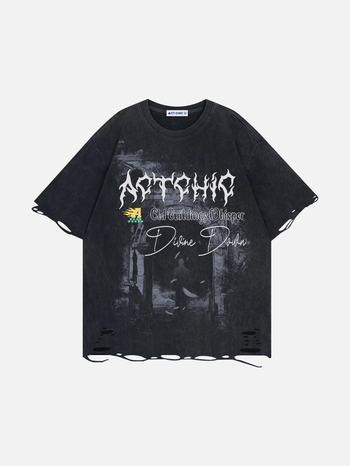 Black Act Chic Old Building Print Distressed Tee Front