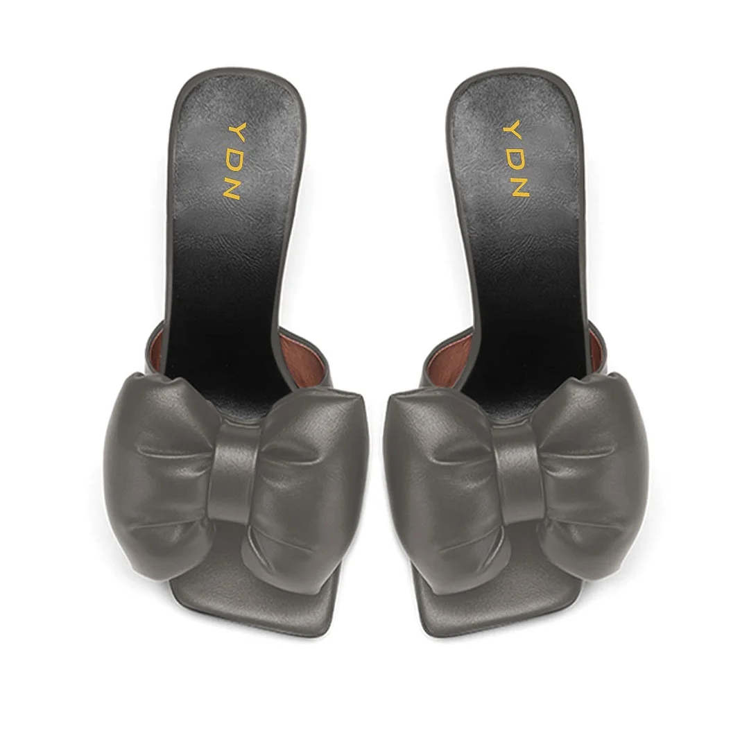 Grey Square Toe Decorative Heel Rhinestone Mules Shoes with Bow