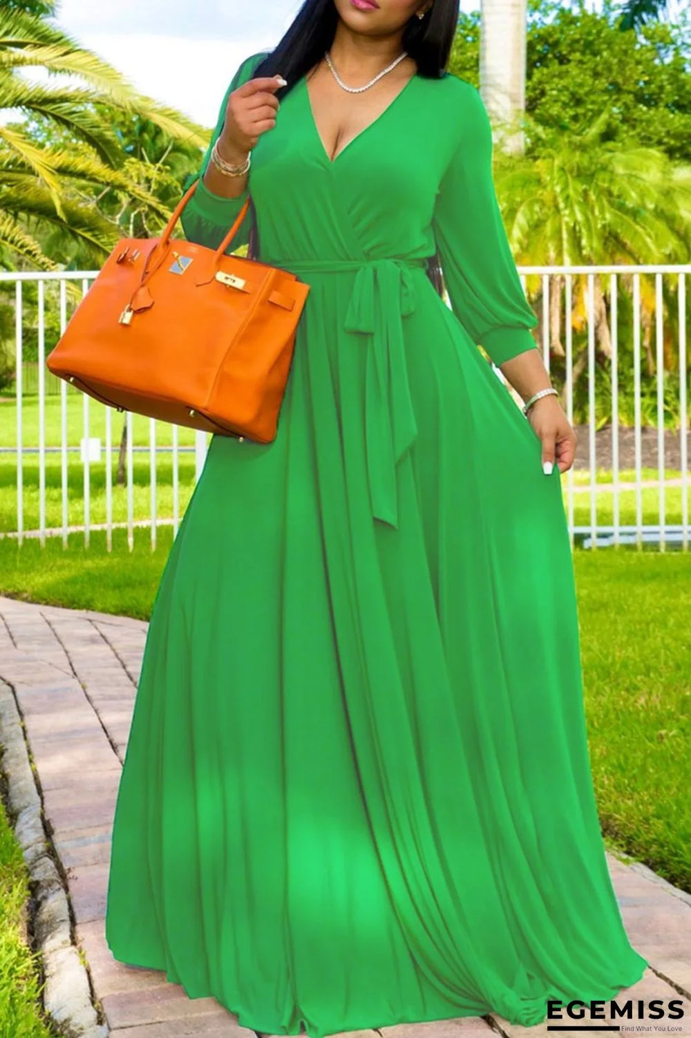 Green Fashion Casual Solid Bandage V Neck Long Sleeve Dresses | EGEMISS