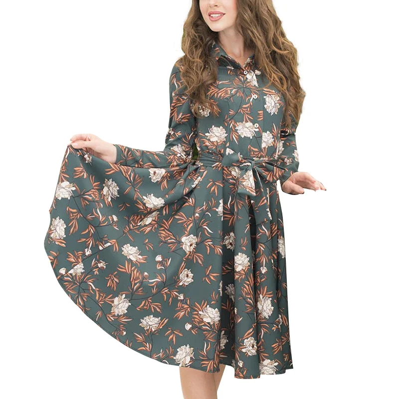 Jangj S.FLAVOR Vintage Women Long Sleeve Floral Print A Line Dresses Autumn Casual Turn Down Collar Midi Vestidos De