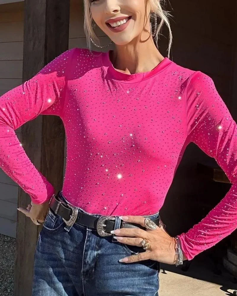 Rhinestone Bodysuit  With Round Neck Long Sleeve
