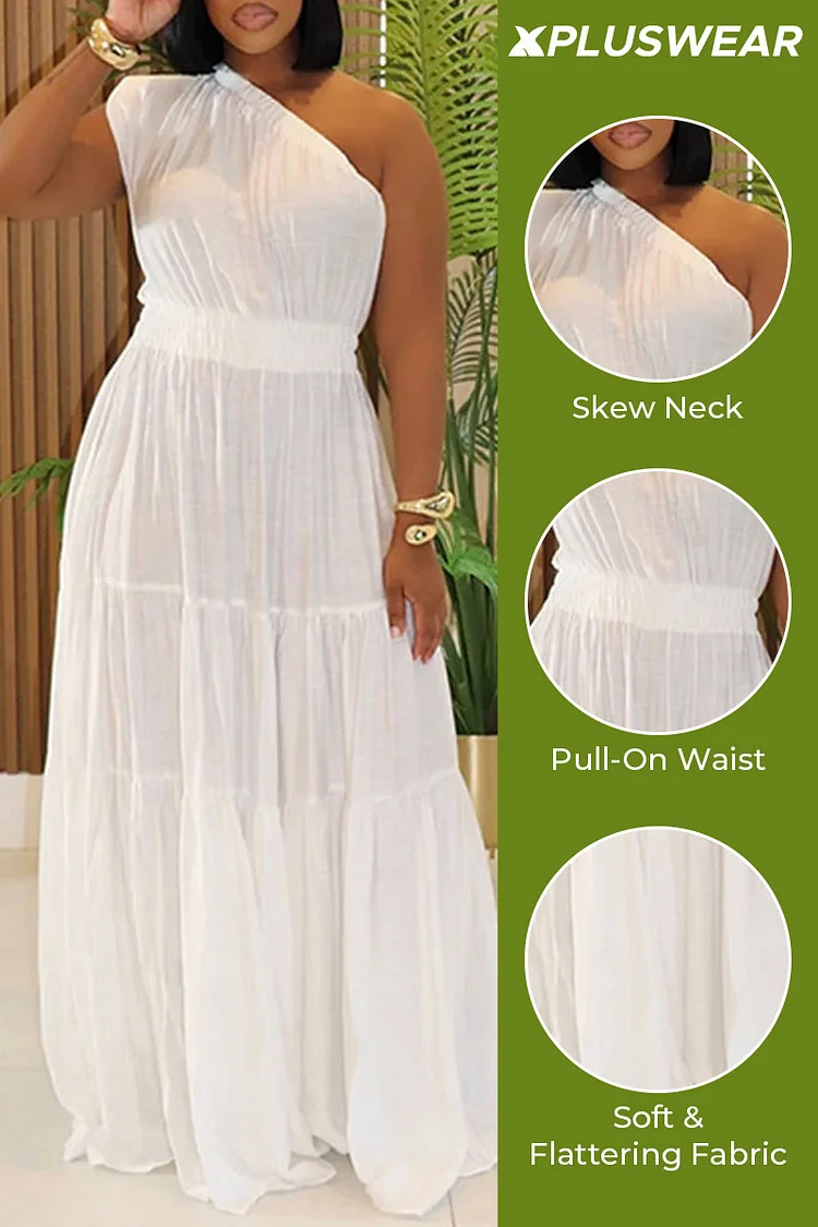 Plus Size Vacation White Elegant One Shoulder Pull-On Waist Maxi Dresses