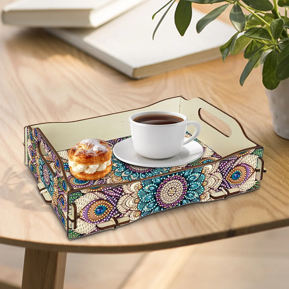 5D DIY Mandala Diamond Painting Wooden Serving Tray with Handle for Coffee Table