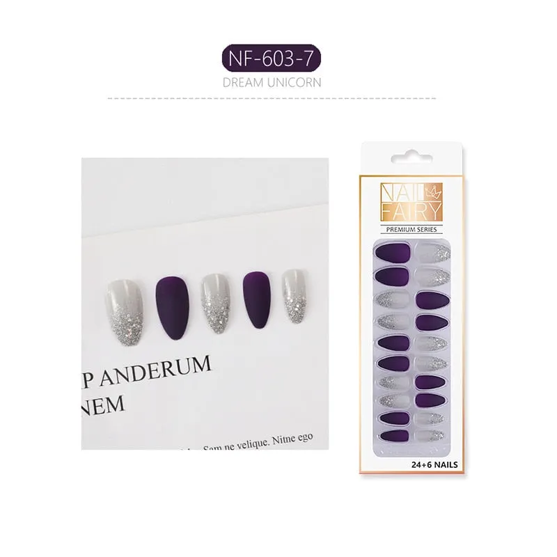 Fake Nails with Glue Metal Color False Nail Art Tips Press on Coffin Stick Designs Clear Set Full Cover Artificial Short Kiss-Nail Inspo