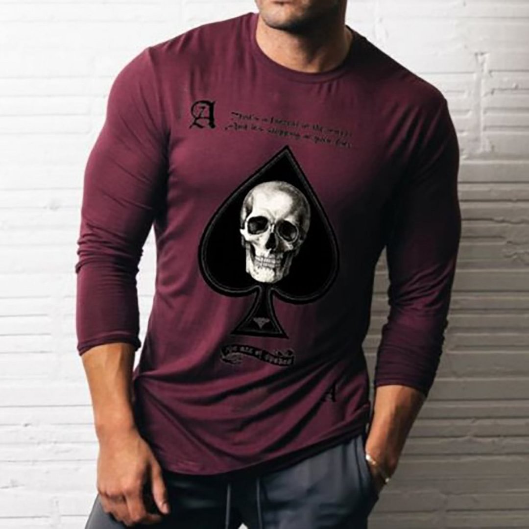 Ace of Spades & Skull Creative Print Men's Casual Fashion Long Sleeve