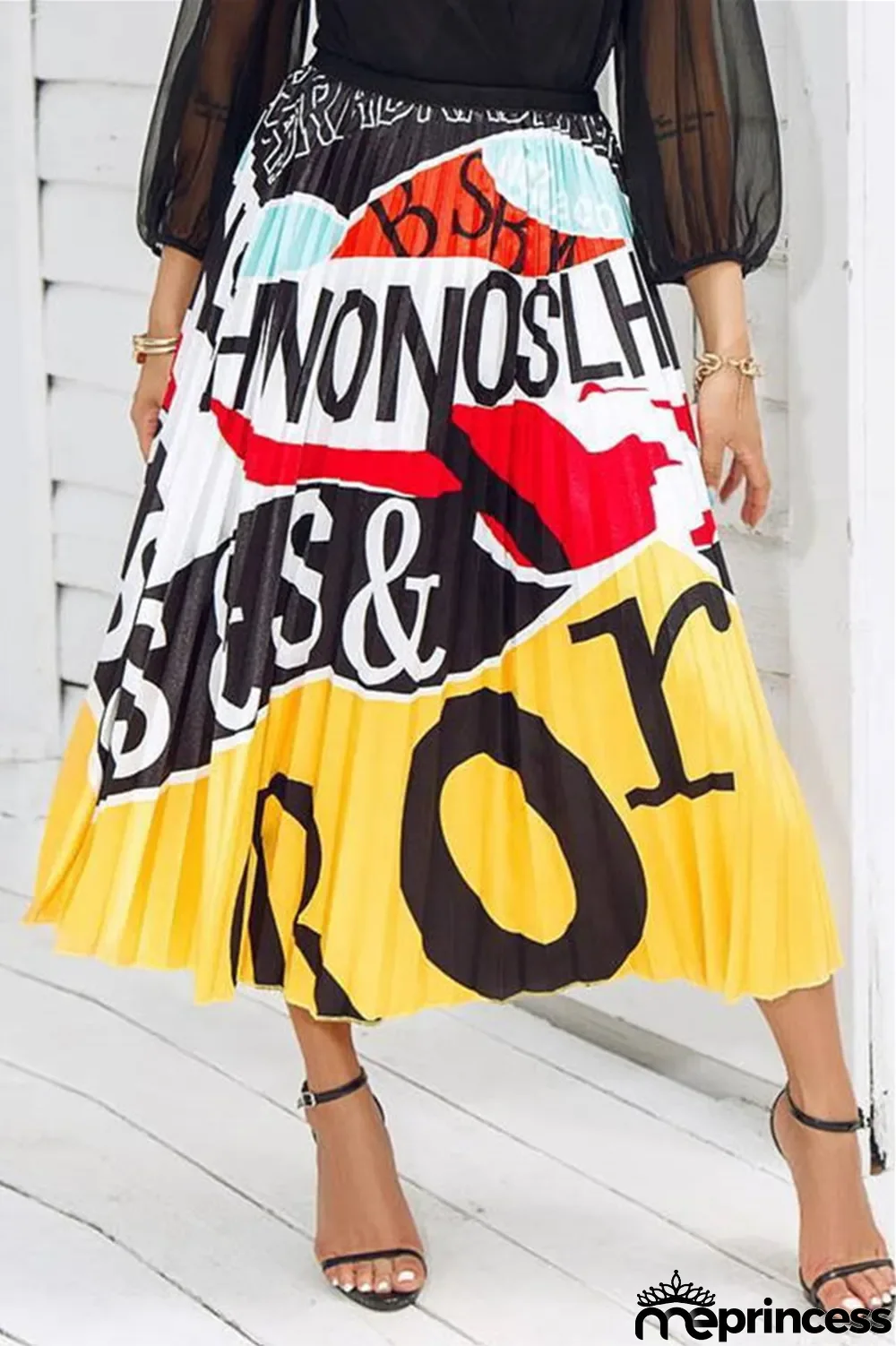 Yellow Fashion Casual Print Fold Regular High Waist Pleated Skirt