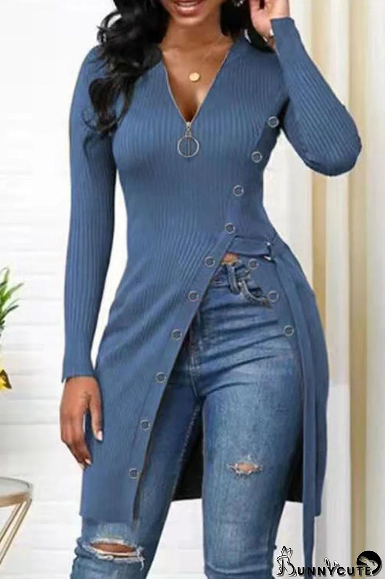 Blue Fashion Casual Solid Patchwork Slit Zipper V Neck Tops