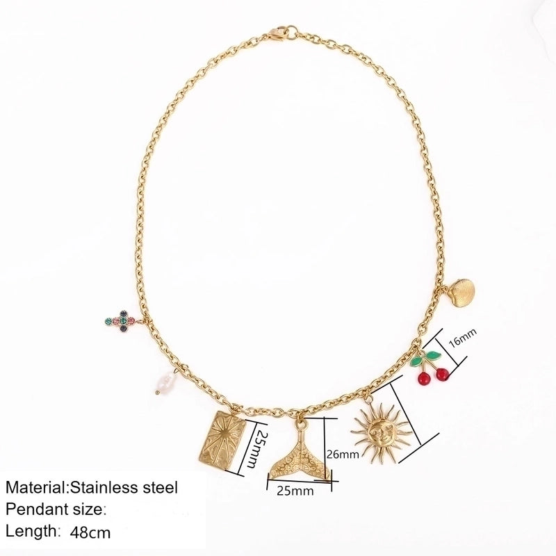 Vintage Style Classic Style Cross Cherry Fish Tail 304 Stainless Steel Rhinestones 18K Gold Plated Asymmetrical Multi Charms Necklace