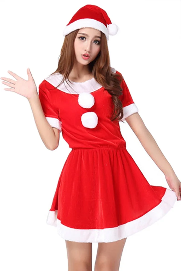 Women Cute Red Short Sleeve Pleuche Santa Costume-elleschic