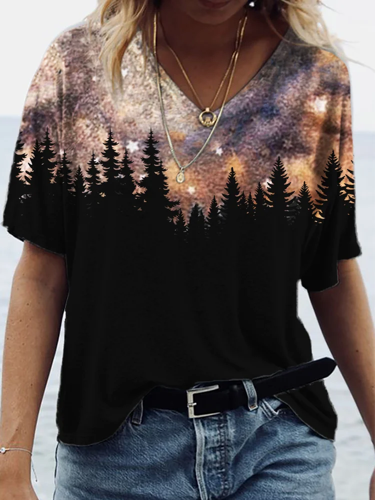 Vintage Night Sky Bleach Forest Contrast V Neck T Shirt