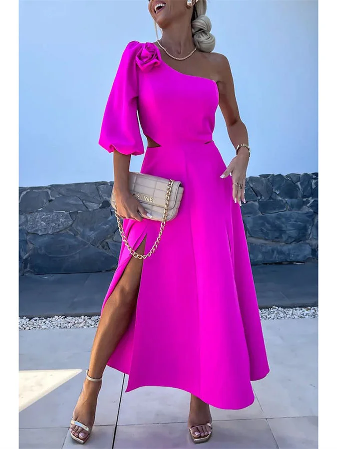 Women's Short Sleeve One Shoulder Solid Color Midi Dress