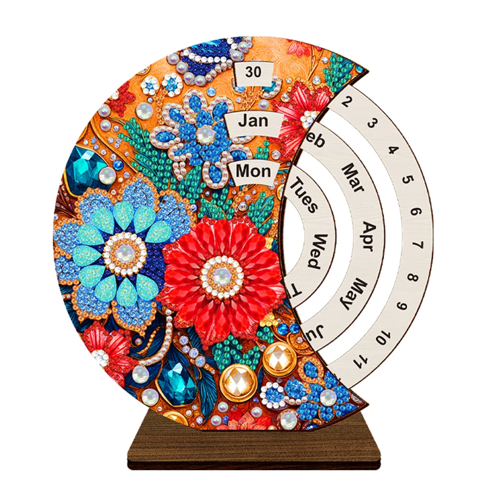 DIY Blooming Flowers Wooden Special Shaped Diamond Painting Moon Perpetual Calendar