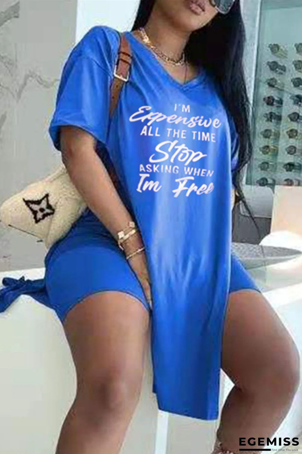 Blue Fashion Casual Letter Print Slit V Neck Short Sleeve Two Pieces | EGEMISS