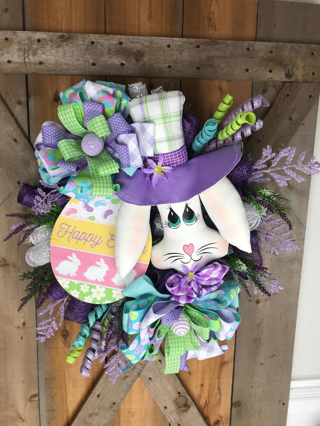 Easter bunny Spring purple and green front door wreath, custom Easter bunny head, door wreath, spring wreath, porch wreath