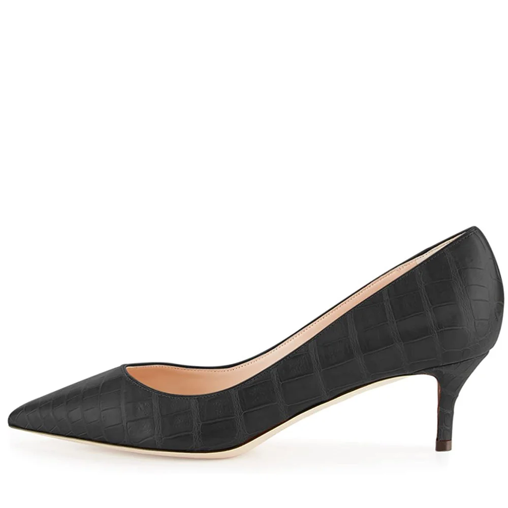 Black Vegan Leather Croc-Embossed Pointed Pumps with Kitten Heel