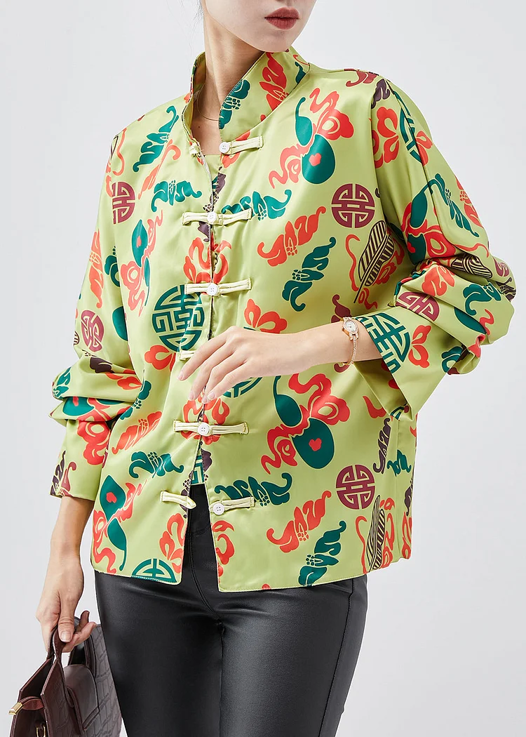 Chinese Style Green Print Silk Shirt Top Spring