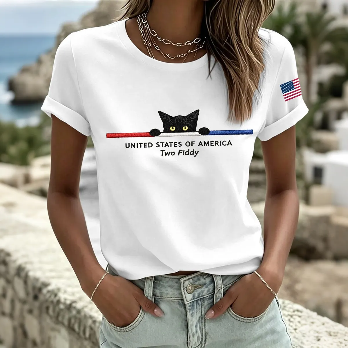 United States America Two Fiddy Cat Print Casual T-shirt elevenforest