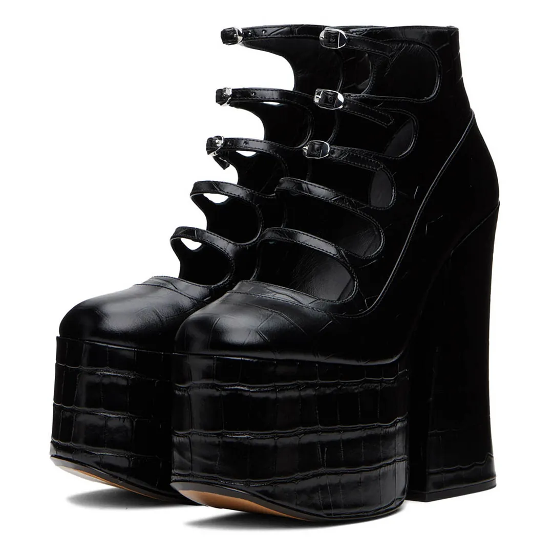 Black Croco Embossed Chunky Heel Buckle Strap Platform Pumps