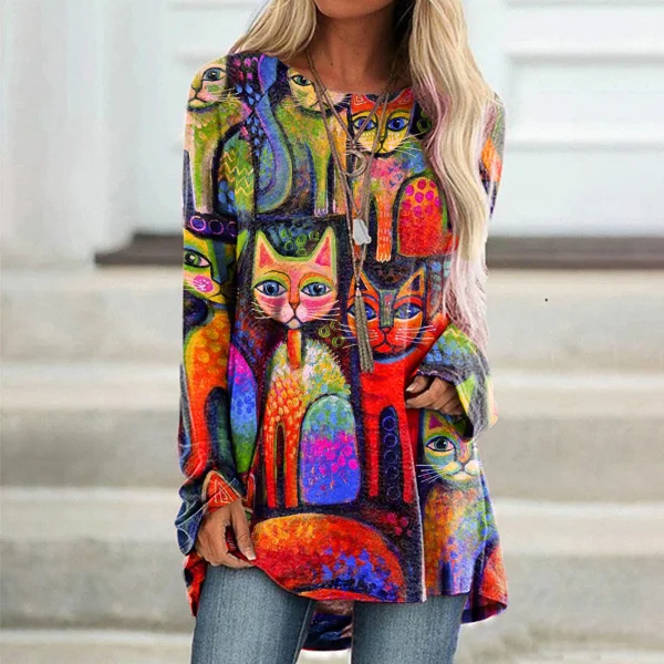 Vintage Cat Print Long Sleeve Tunic