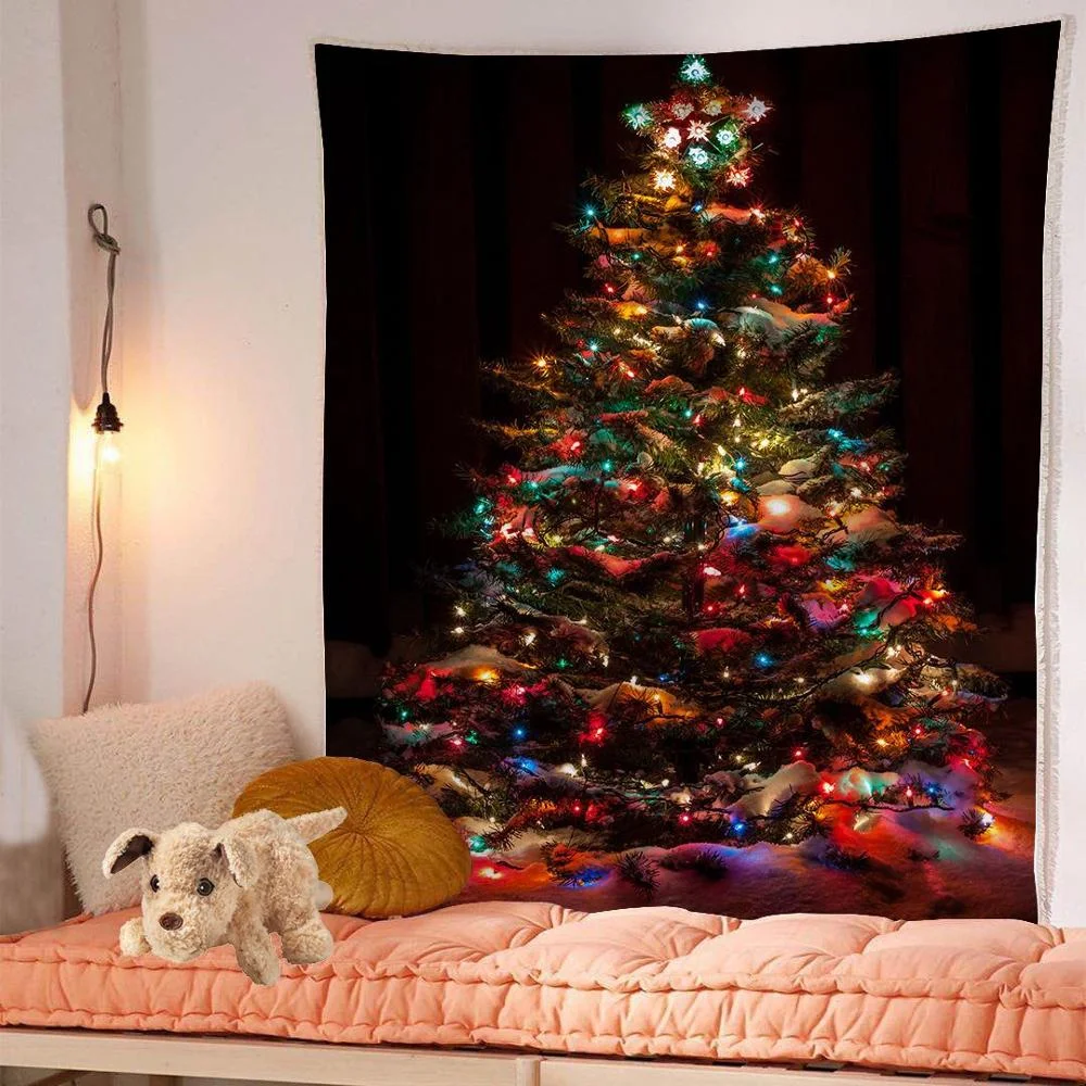 Christmas Green Tree Tapestry Home Wall Hanging Cloth Festival Elk Background Cloth Xmas Home Decoration Bedspread Wall Carpet