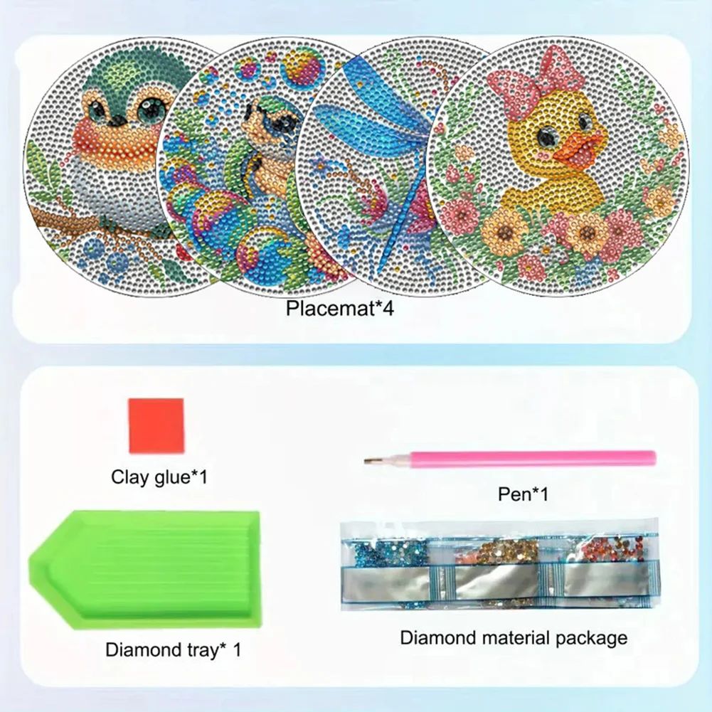 4pcs DIY Animals Wooden Diamond Painting Placemats with Holder