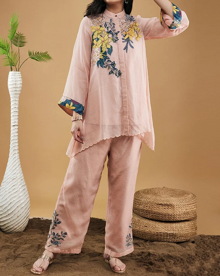 Peach Handloom Cotton Embroidered Zinnia High-low Shirt With Pant Two-piece Set