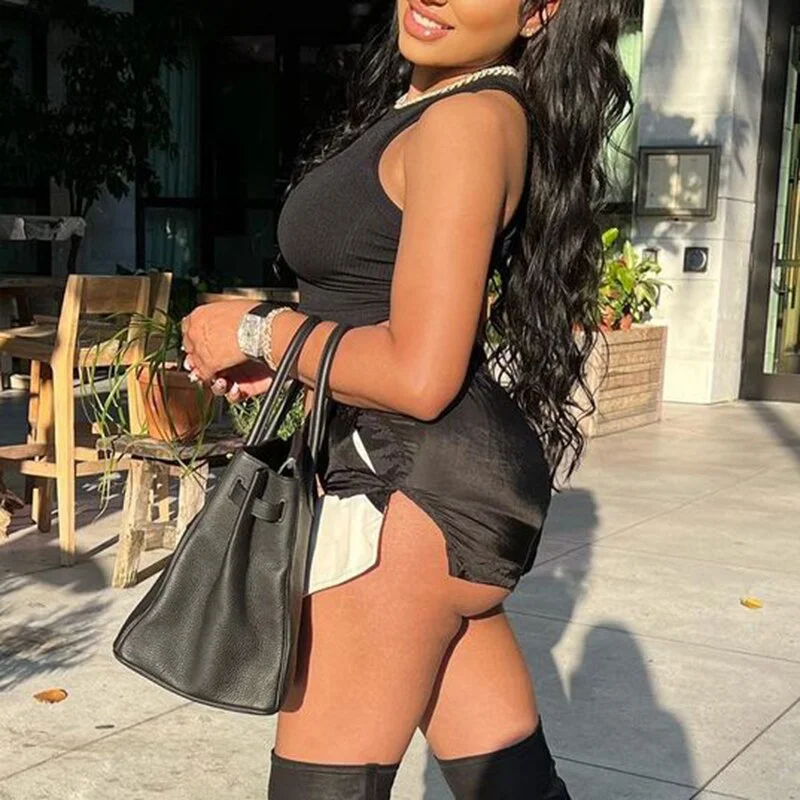 BIIKPIIK Shorts Women Fashion Mid Waist Summer Side Slit Patchwork Drawstring Shorts Color Contrast Overalls Streetwear Bottoms